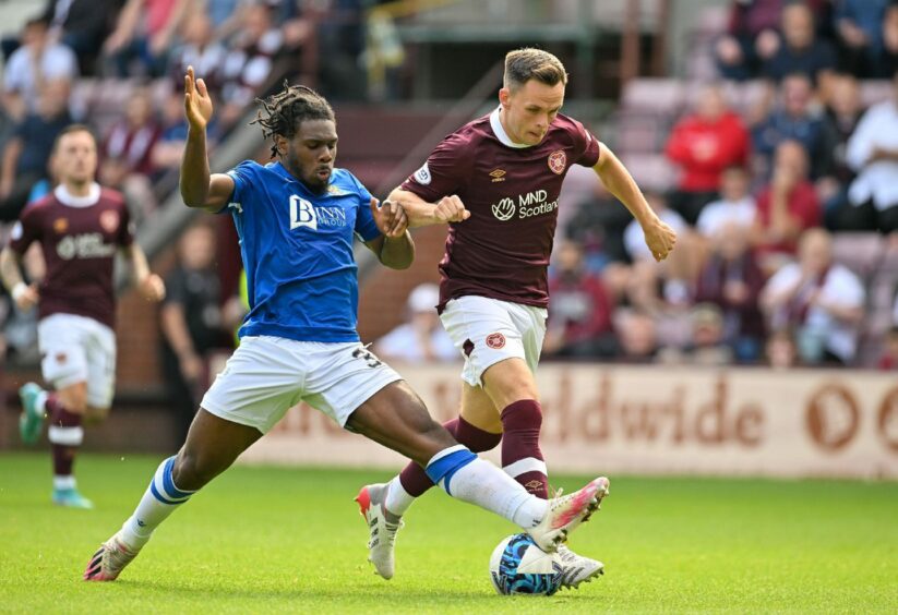 St Johnstone's Daniel Phillips tackles Lawrence Shankland.