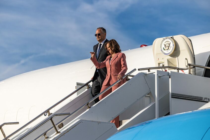 photo shows United States Vice President Kamala Harris and second gentleman Douglas Emhoff arriving at Cape Canaveral for the launch of NASA's Artemis I moon rocket