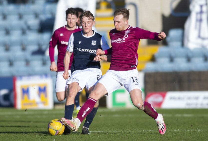 Max Anderson of Dundee and Arbroath's Scott Stewart tussle during the sides' last meeting in 2021.