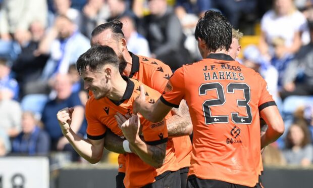Dundee United celebrate the opening goal at Kilmarnock.
