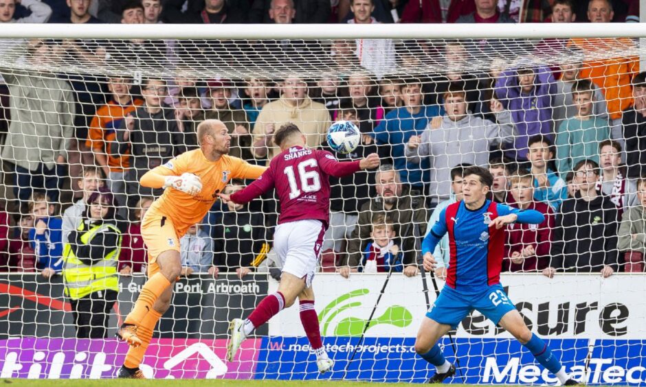 Kieran Shanks is inches away from giving Arbroath the lead.