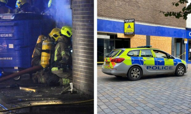 Firefighters battling the blaze on Tuesday and police outside the former Kirkcaldy WH Smith store on Wednesday.