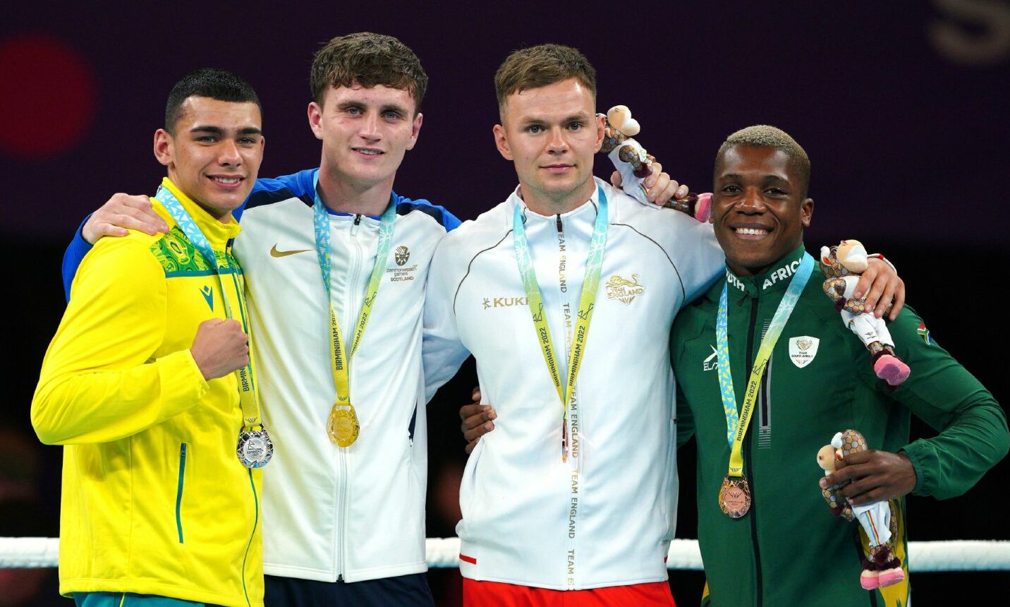 Australia's Callum Peters, Silver, Scotland's Sam Hickey wins Gold, Englands Lewis Richardson, Bronze, and South Africa's Simnikiwi Bongco, bronze in the Men's Middle (71-75kg) Final at The NEC on day ten of the 2022 Commonwealth Games in Birmingham.