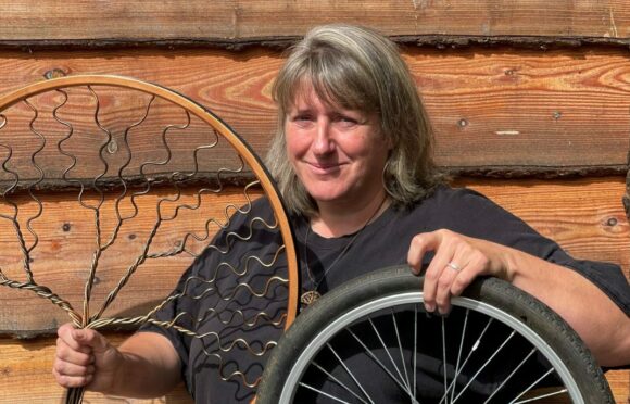Beth McDowall with her most popular creation, made out of a bike tyre.