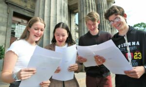 High School of Dundee students toast exam success after receiving their results: Hannah Mackland, Zara Taylor, Alexander Milnes and Christopher Scott. Pic: Gareth Jennings/DCT Media.