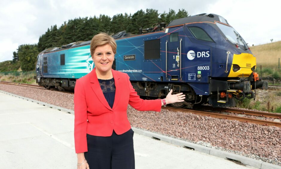 Former First Minister Nicola Sturgeon at Highland Spring's new Blackford rail freight link.