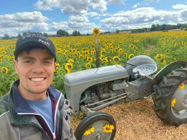 Crawford Niven next to old grey tractor and a field of sunflowers at Gloagburn farm