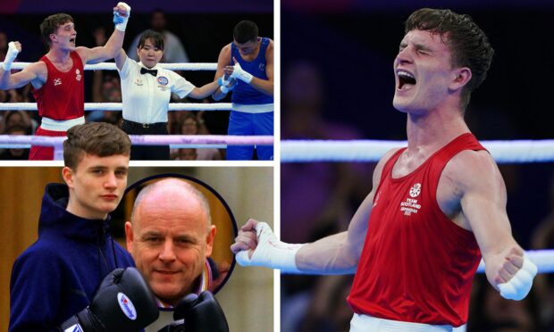 Sam Hickey winning gold at the Commonwealth Games in Birmingham and Sam with his dad, Darren Hickey (bottom left).