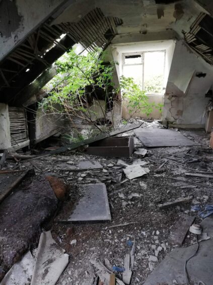 The crumbling inside of the building which is filled with debris and plants.