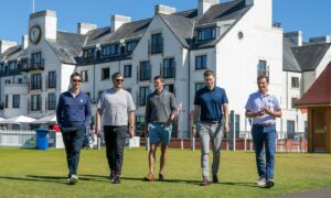 Carnoustie Links chief executive Mike Wells, Dr Ashley Williams, Jonny Glen and Dr Graeme Sorbie, all Abertay University and Carnoustie head pro Keir McNicoll. Pic: Kim Cessford / DCT Media.