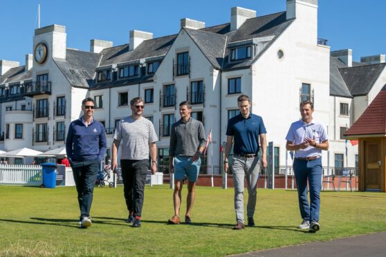 Carnoustie Links chief executive Mike Wells, Dr Ashley Williams, Jonny Glen and Dr Graeme Sorbie, all Abertay University and Carnoustie head pro Keir McNicoll. Pic: Kim Cessford / DCT Media.