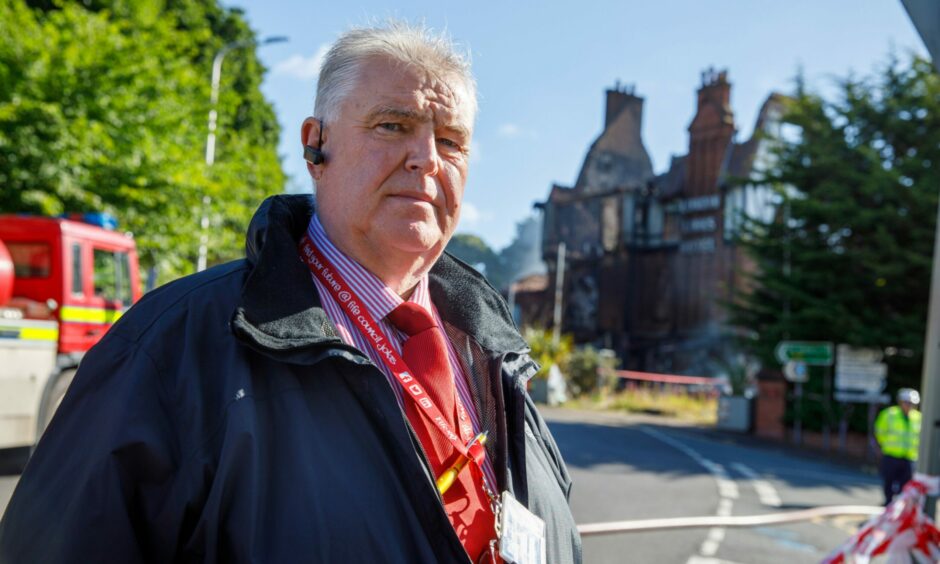 Councillor Colin Davidson at the scene after the fire was put out. Image: Kenny Smith/DC Thomson.