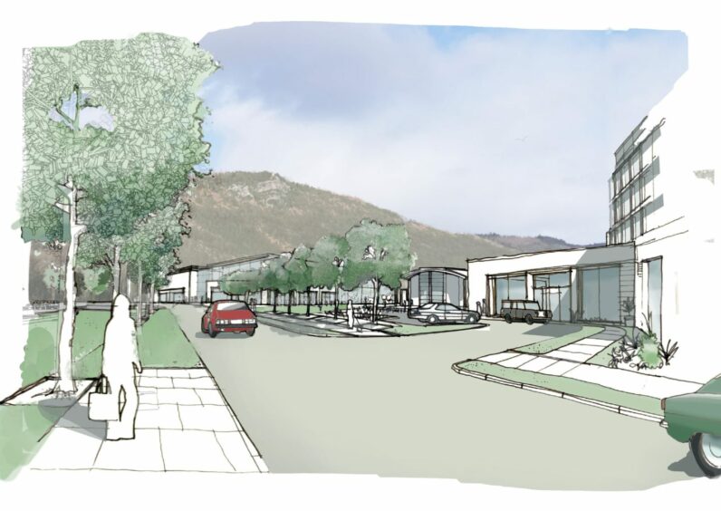 Artist impression of the proposed Morris Leslie development at West Kinfauns showing people walking in front of modern buildings with tree lined street