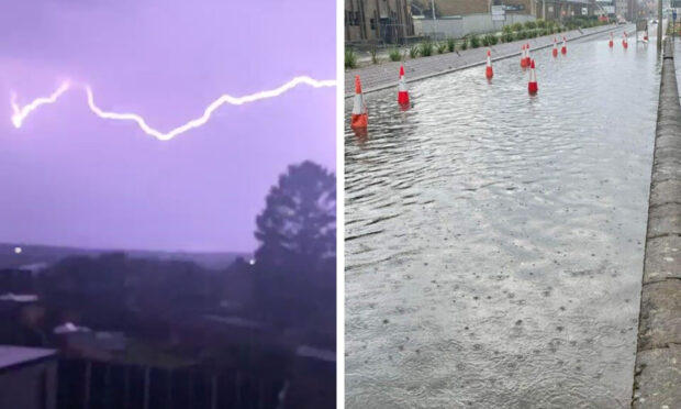 Lightning in Perth (L) and flooding in Kirkcaldy (R).
