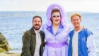 Martin Compston, Lawrence Chaney, winner of RuPaul's Drag Race UK, and Phil MacHugh in Dunoon,                
Alan Peebles