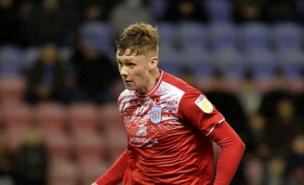 Connor O'Riordan in action for Crewe. Image MI News.