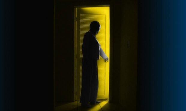 A graphic of a person sleepwalking out of a room.