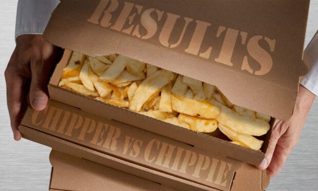 A box of chips with the words chippy or chipper on it