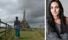 The Maggie Wall witch monument in Perthshire and actress Blythe Jandoo.