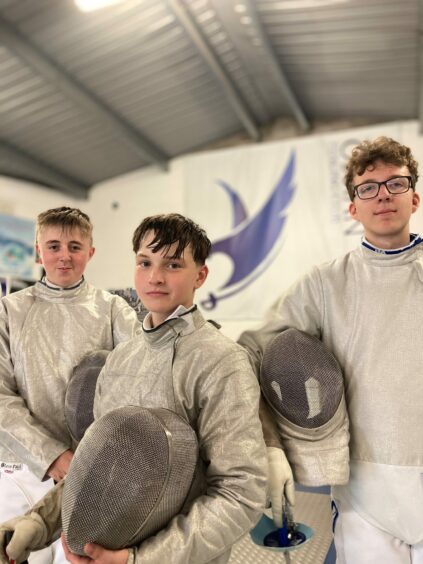 Salle Ossian fencers Oisin Lindsey-Dorward, Calum Kettles and Miller Hetherington.