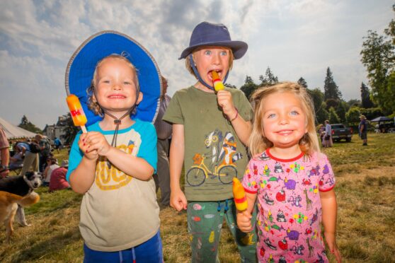 Brother Rowan, 4, and Fionn Early, 6, from Manhattan with their two-year-old cousin Aoife Cunningham from Edinburgh were visiting their gran in Dykehead and enjoyed the games. Pic: Steve MacDougall/DCT Media.