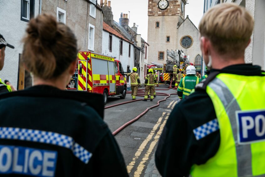 Police, ambulance and fire fighters tackle the Pittenweem Fish Bar fire.
