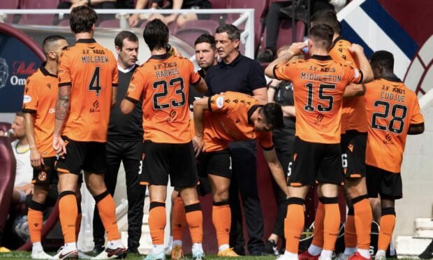 Ross addresses his players in the Tynecastle sun