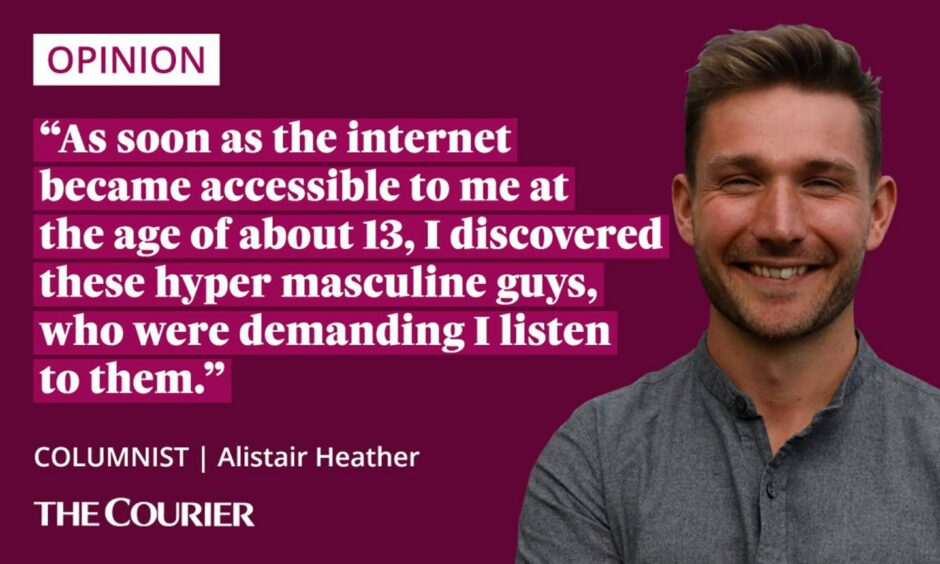 image shows the writer Alistair Heather and the quote 'As soon as the internet became accessible to me at the age of about 13, I discovered these hyper masculine guys, who were demanding I listen to them.'