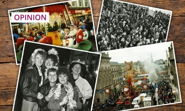 image features a collage of old photos in black and white and colour, showing people enjoying Hogmanay celebrations in Dundee City Square in years gone by.