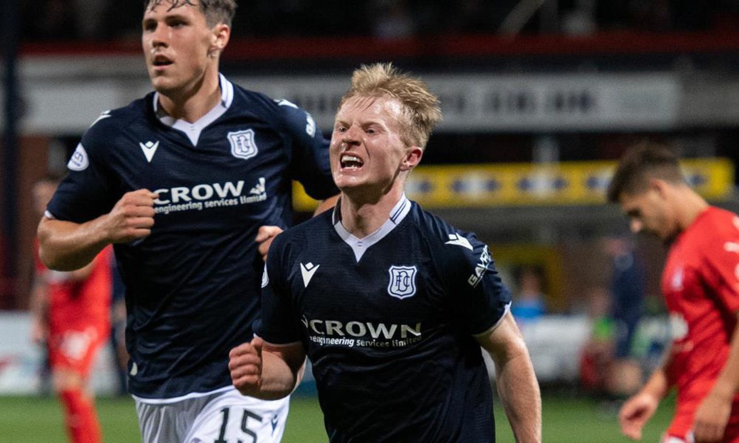 Dundee's Lyall Cameron celebrates the opening goal against Falkirk.