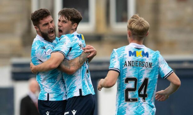 Dundee celebrate Josh Mulligan's strike at Raith Rovers.