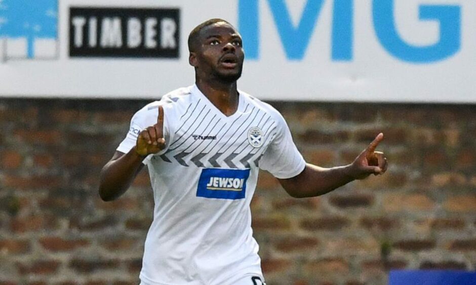 Ayr United's Dipo Akinyemi celebrates after making it 1-1 against Dundee.