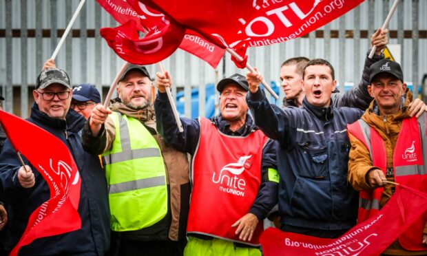 Bin workers on the picket line at Baldovie, Dundee.