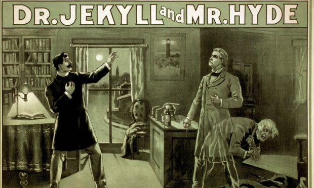 A retro theatrical poster shows the lawyer Utterson observing the Dr. Jekyll undergoing metamorphosis into Mr. Hyde. The play was based on Robert Lewis Stevenson's classic novella of 1886.