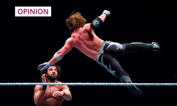 Wrestlers AJ Styles and Jinder Mahal in action at WWE Live at the Palau Sant Jordi.