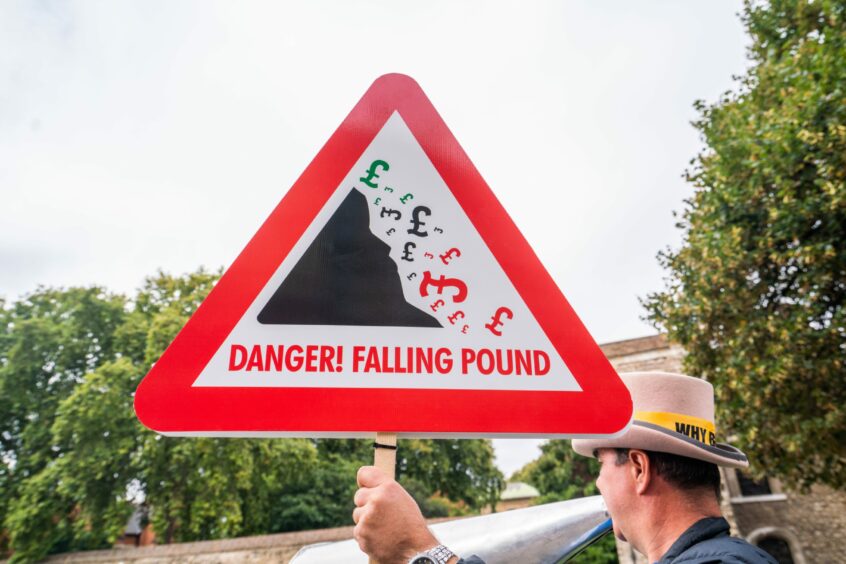 Photo shows a protester holding a placard in the shape of a triangular road sign with the slogan 'Danger! Falling pound'.