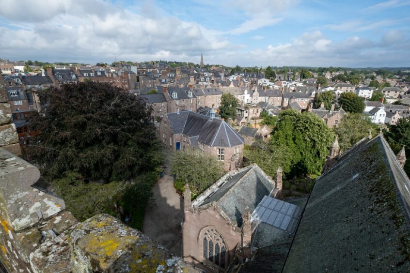 Spectacular views over the town from Brechin Cathedral's square tower