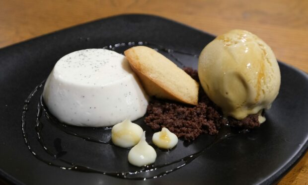 Panna cotta, Sacred Grounds coffee and parsnip ice cream, vanilla madeleine and Sacred Grounds espresso syrup.