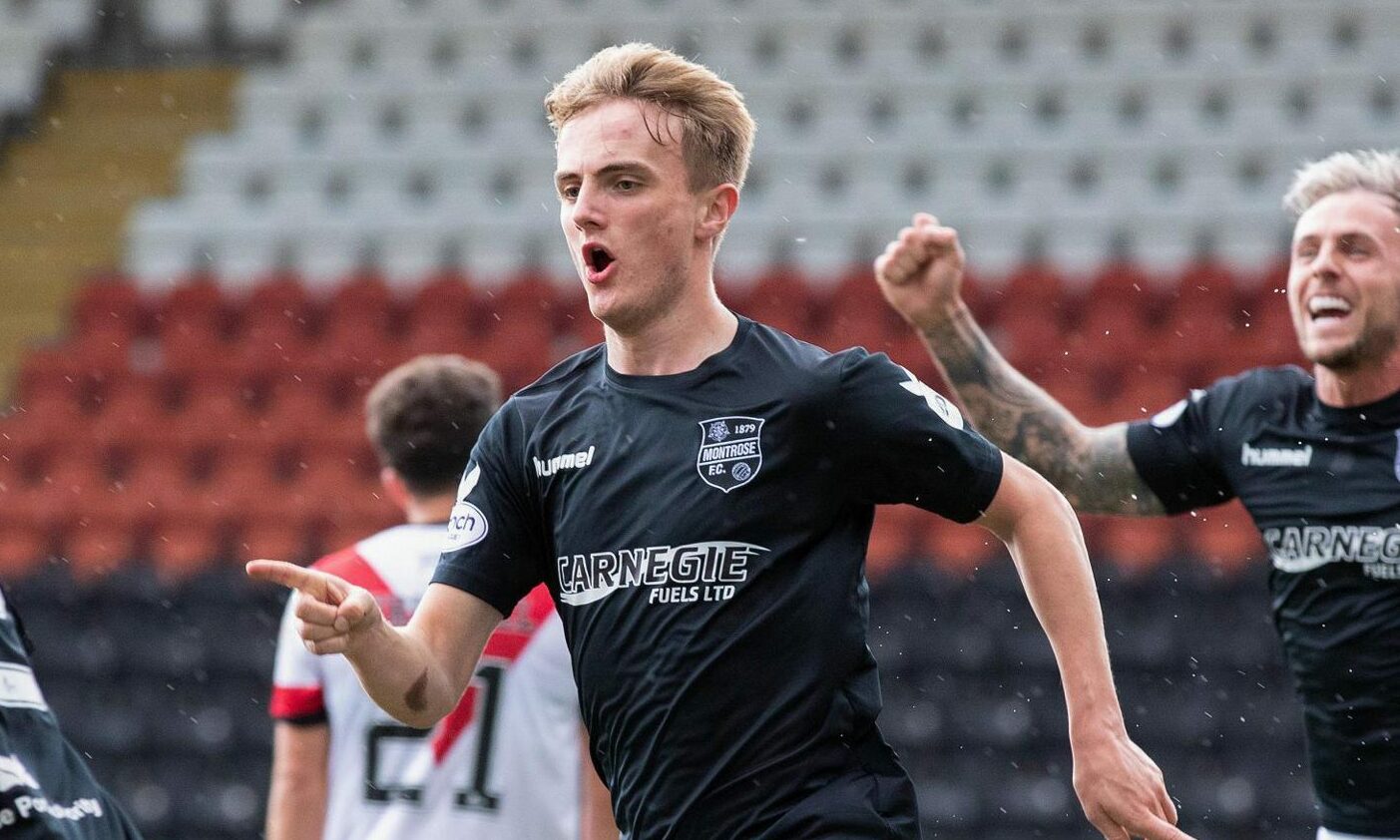 Cammy Ballantyne, pictured celebrating after scoring in last season's Championship play-offs, has rejoined Montrose on loan.