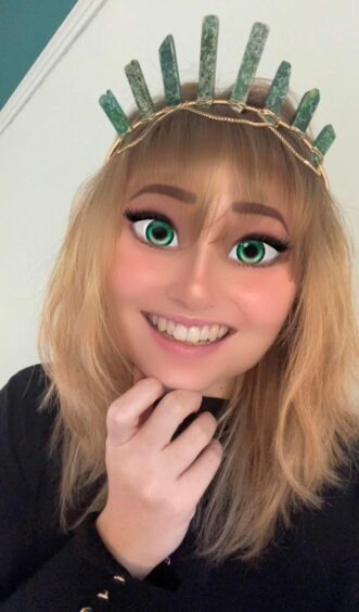 Rebecca using a Disney princess filter in the style of newer computer-animated hits like Frozen and Tangled.