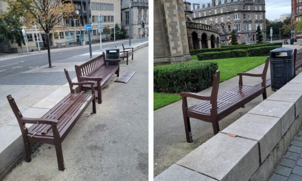 Albert Square benches on Wednesday morning after they were damaged the night before.