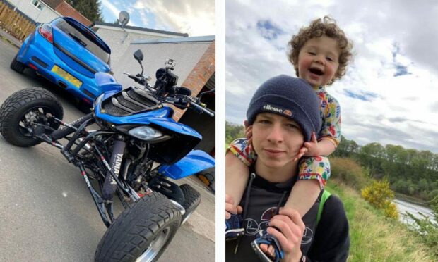 Owen Abbott, pictured with four-year-old son Axel-Jay, is appealing for help in finding his quad bike.