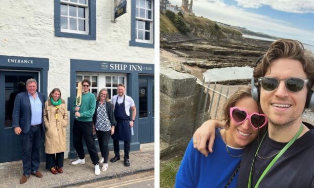 Greg James and Bella Mackie in Elie and St Andrews during their trip to Fife and Angus. Images: tailenderspod/Greg James Instagram.