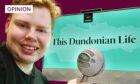 photo shows Andrew Batchelor with a microphone, in front of a computer screen with the words This Dundonian Life written on it.