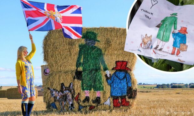 Fleur's bale creation in Angus and the original iconic art piece, inset.