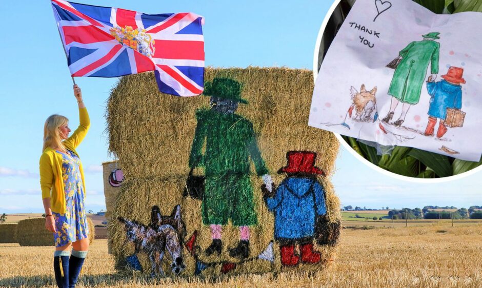 Fleur's bale creation in Angus and the original iconic art piece, inset.