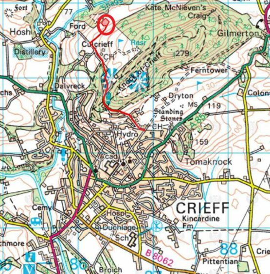Map showing location of Crieff Hydro shooting range next to Knock Hill, Crieff