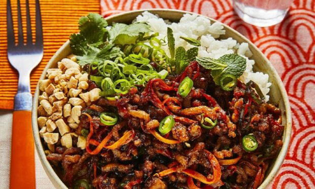 Vietnamese-inspired caramelised pork bowls. Photo credit: PA Photo/Phoebe Pearson.