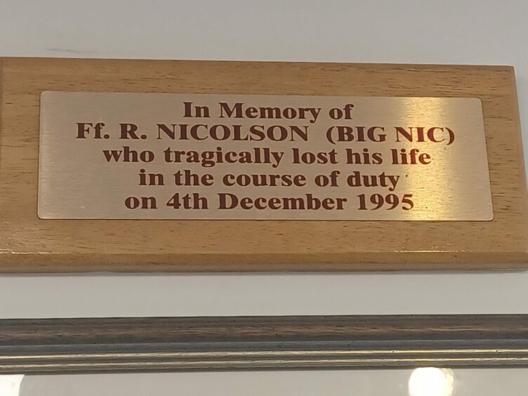 Memorial plaque to firefighter Nicolson (Big Nic) who died in December 1995. 