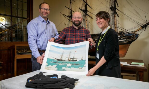 Handing over Nova Zembla artefacts to the McManus: - l to r - Dr Matthew Ylitalo, Dr Matthew Ayre and Julie McCombie (Social History Curator), McManus Collections Unit, Barrack Street, Dundee.